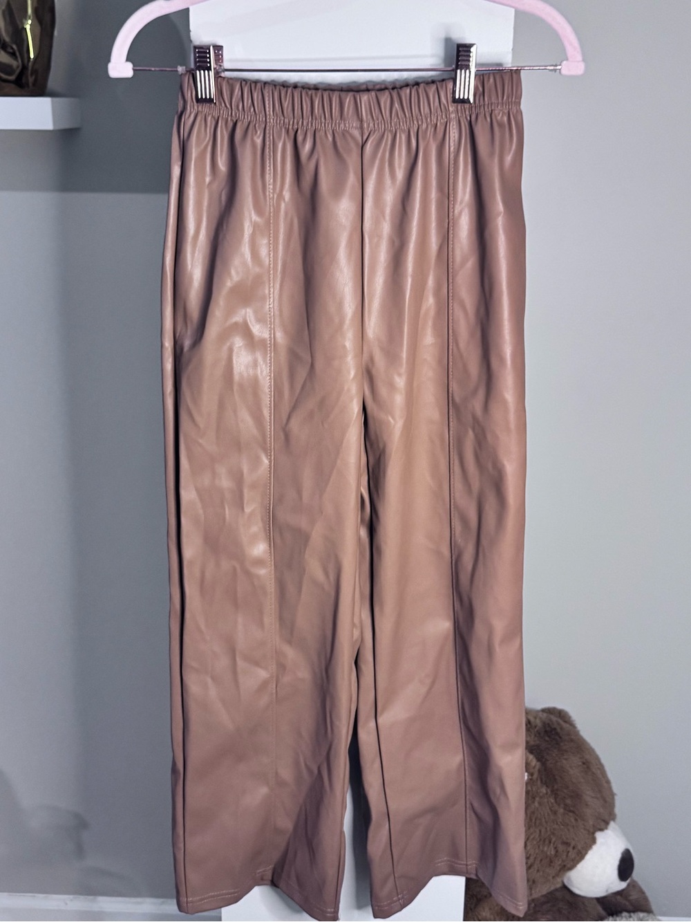Tahari Girl Size 10 Camel Faux Leather Wide Leg Pull On Pants - Picture 5 of 6